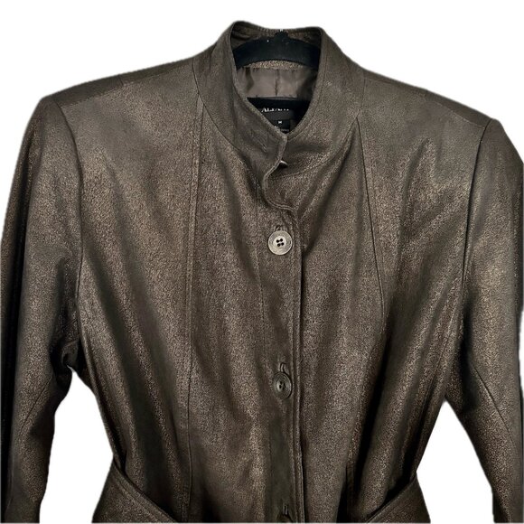 😊Alfani Leather Coat Brown Bronze Lined Jacket Zip Sleeves Pockets Womens Sz M - Picture 12 of 15